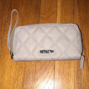 Taupe wallet with wrist strap